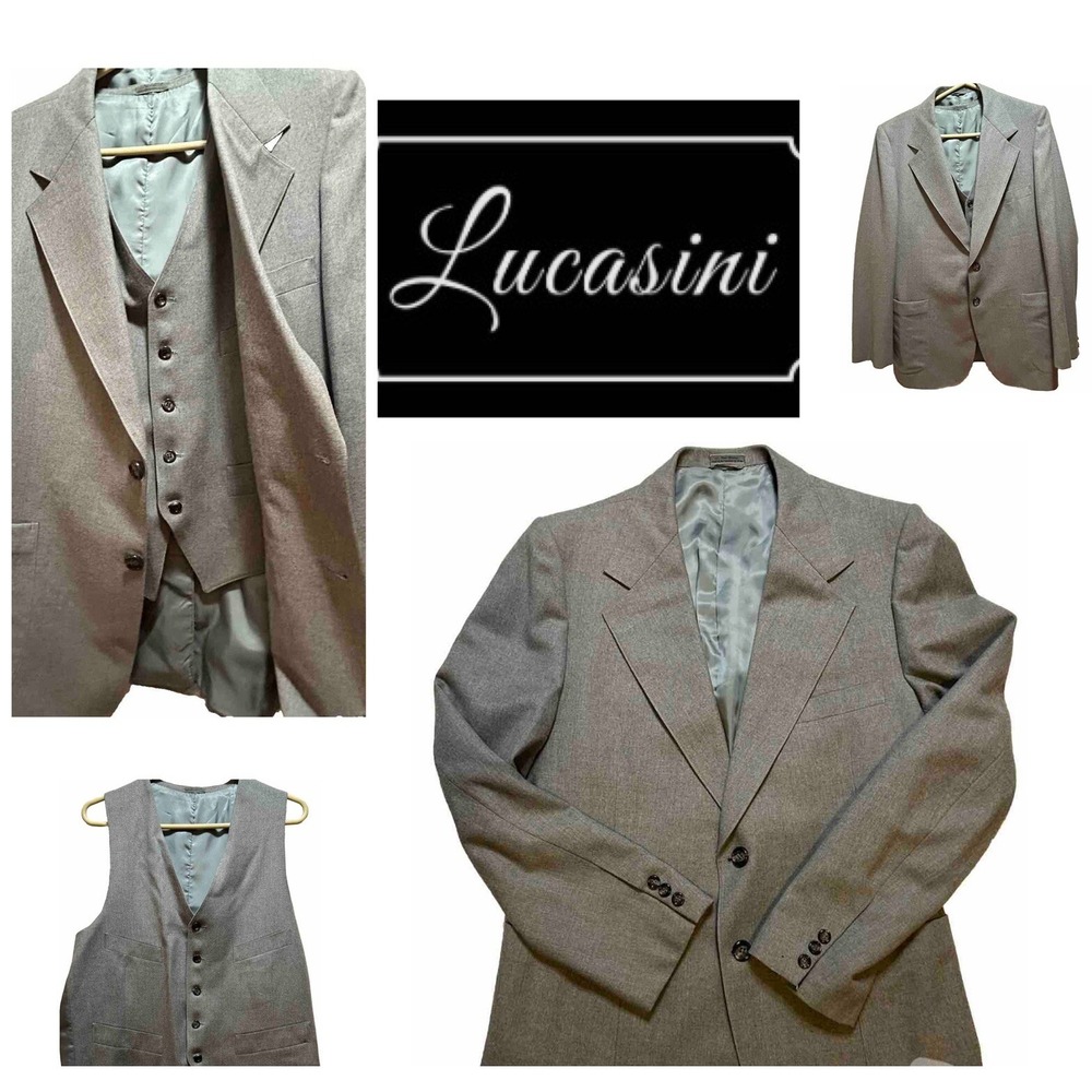 Lucasini Men's 2 Piece Suit Jacket- Worsted Wool - Sport Coat & Vest - Size: 44R